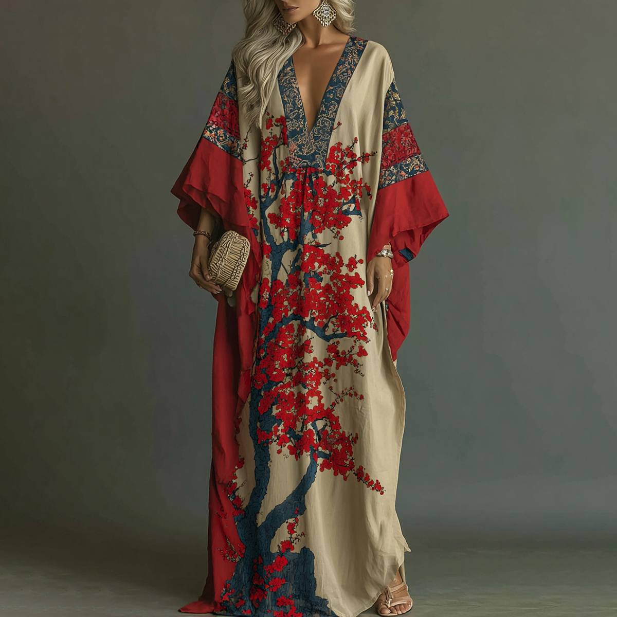 Red Maple Blossom Art V-neck Kaftan