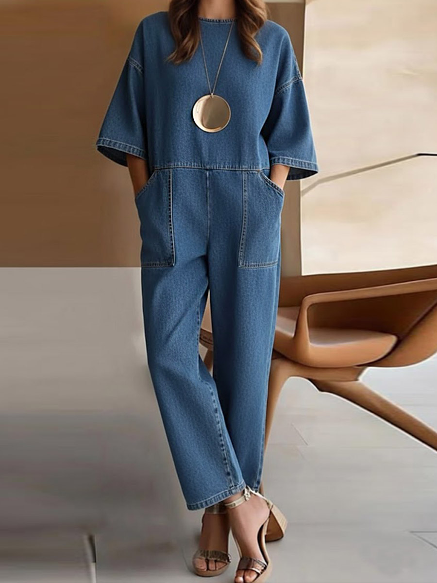 Round Neck 3/4 Sleeve Casual Loose Denim Wide-leg Jumpsuit