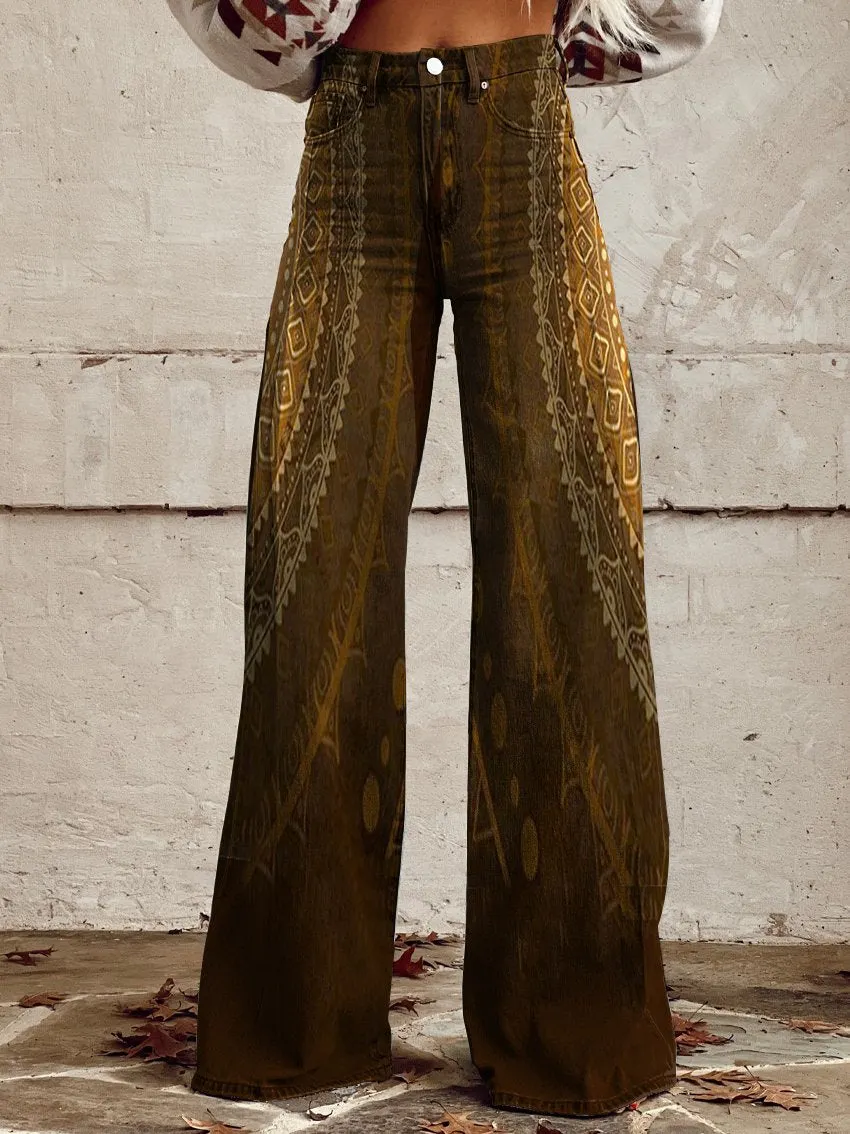 Retro Pattern Print Casual Wide-Leg Pants