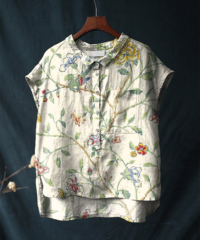 Vintage Floral Hummingbird Print Short-sleeved Cotton & Linen Shirt