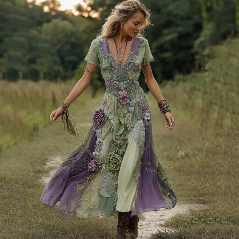 Classy Gradient Purple Lavender And Floral Embroidered Maxi Dress
