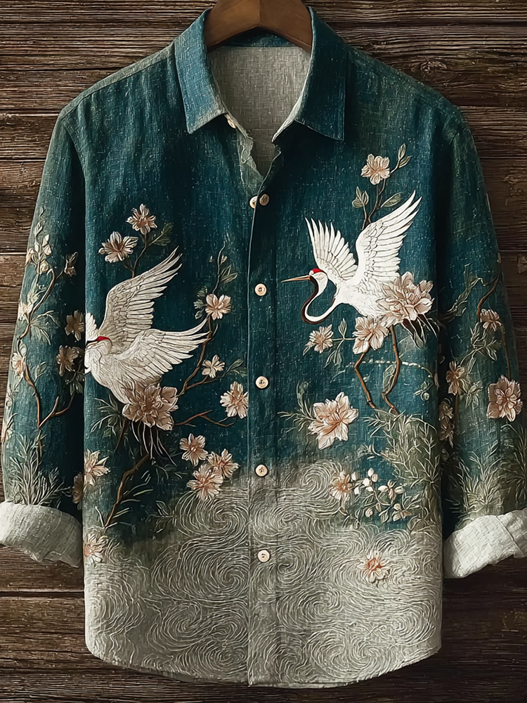 Japanese Art Retro Style Plant Flower & Crane Pattern Men's Cotton & Linen Shirt