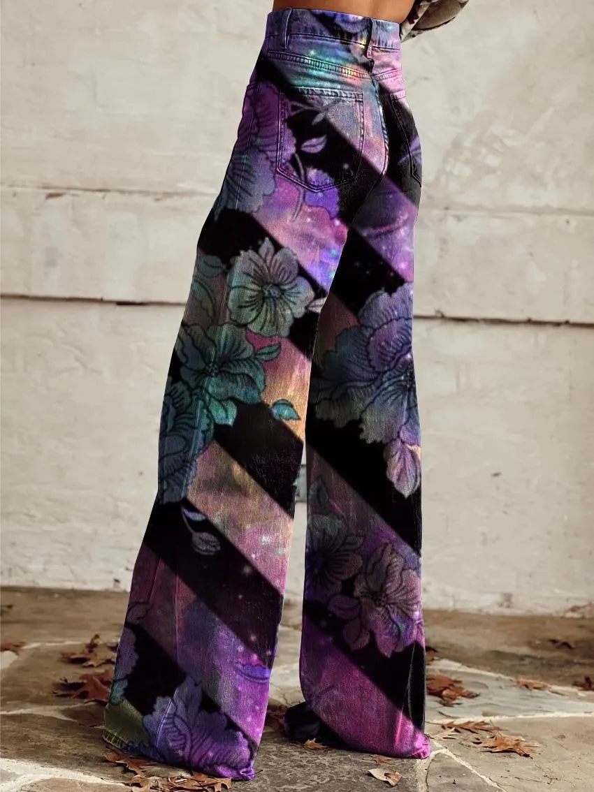 Purple Striped Starry Sky Flowers Print Casual Wide-Leg Pants