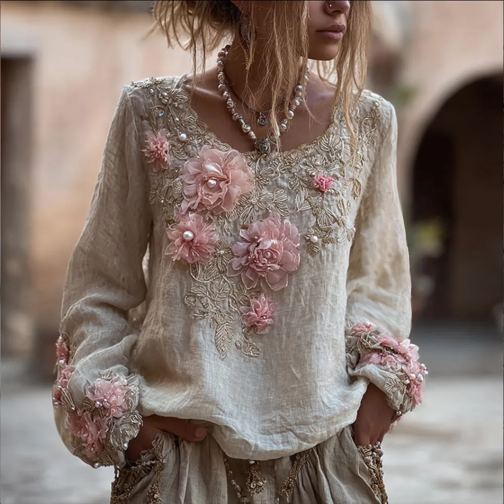 Women's Pink Embroidered Vintage Long-sleeved Round-neck Top