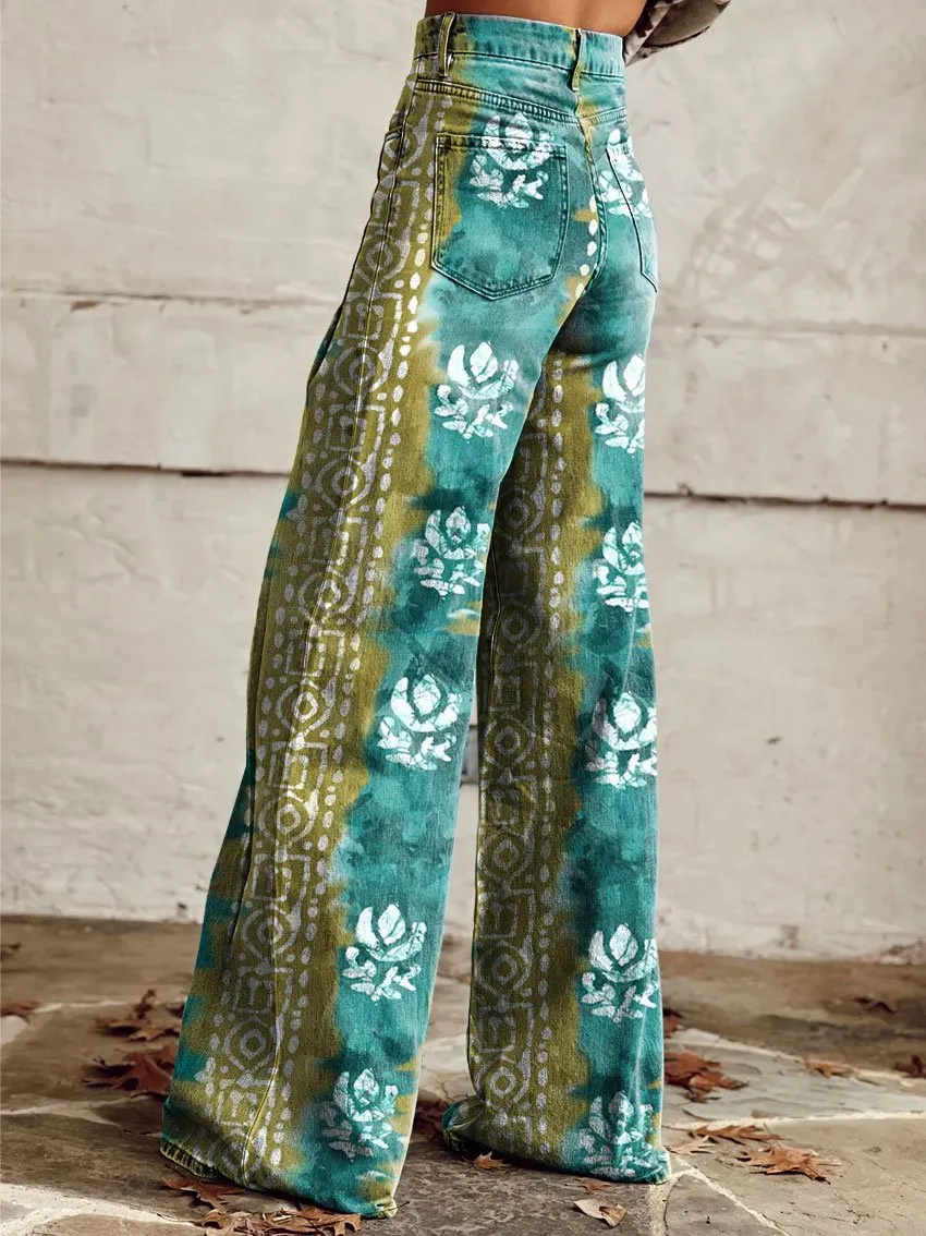 Vintage Print Casual Wide-Leg Pants