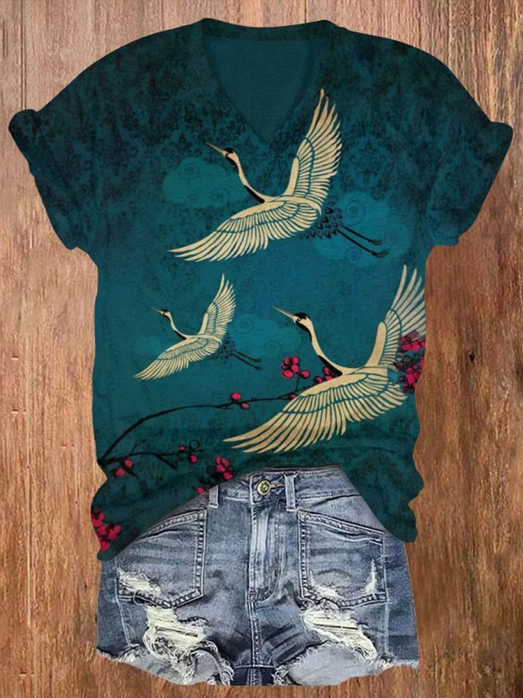 Japanese Style Crane Art Print V-neck T-shirt
