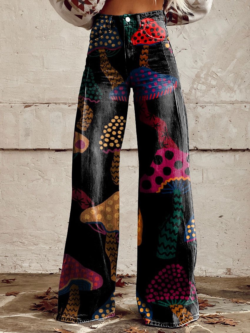 Vintage Mushroom Print Casual Wide-Leg Pants
