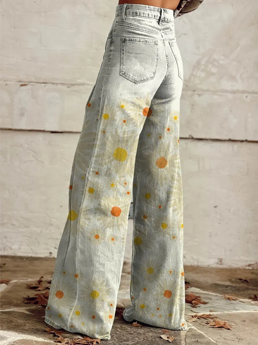 White Daisy Print Casual Wide-Leg Pants