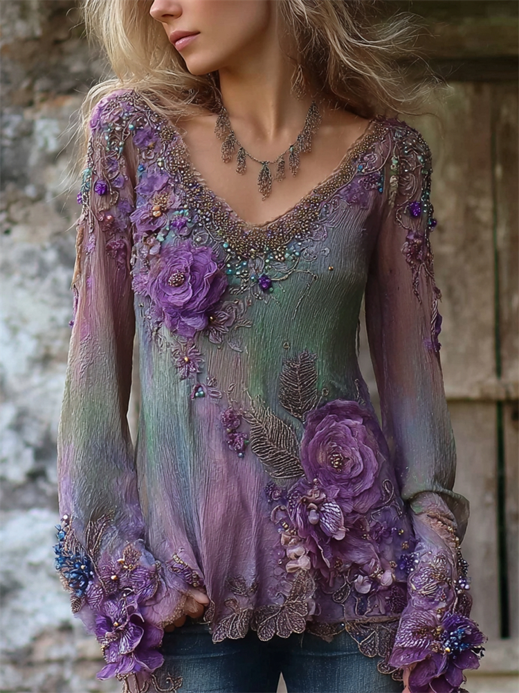 Boho Purple Roses Floral Glitter Dyed Linen Tunic