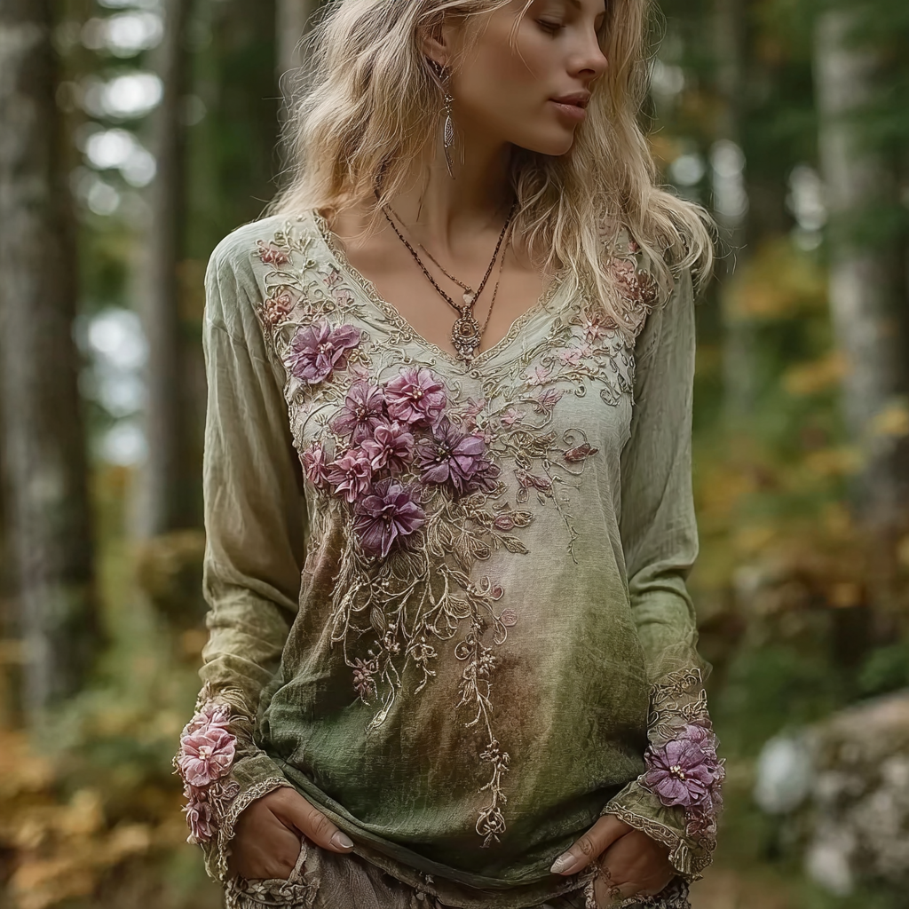 Bohemian Style Forest Style Women's V-neck Cotton And Long-sleeve T-shirt
