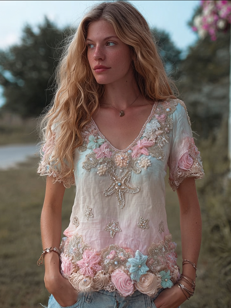Women's Bohemian Ocean Star Shell Pattern Blue And Pink Gradient V-neck Short Sleeve