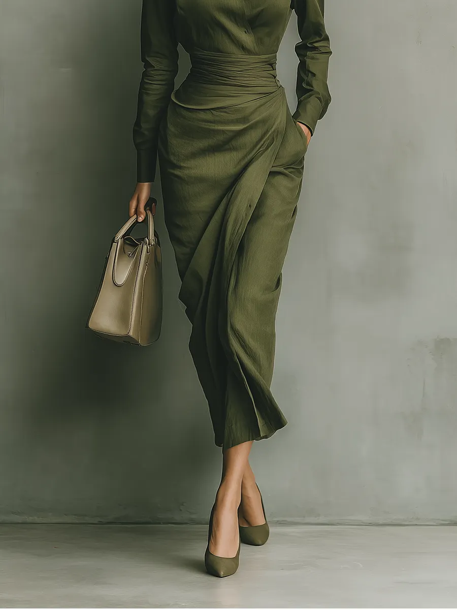 Women's Army Green Cotton Blended Maxi Dress