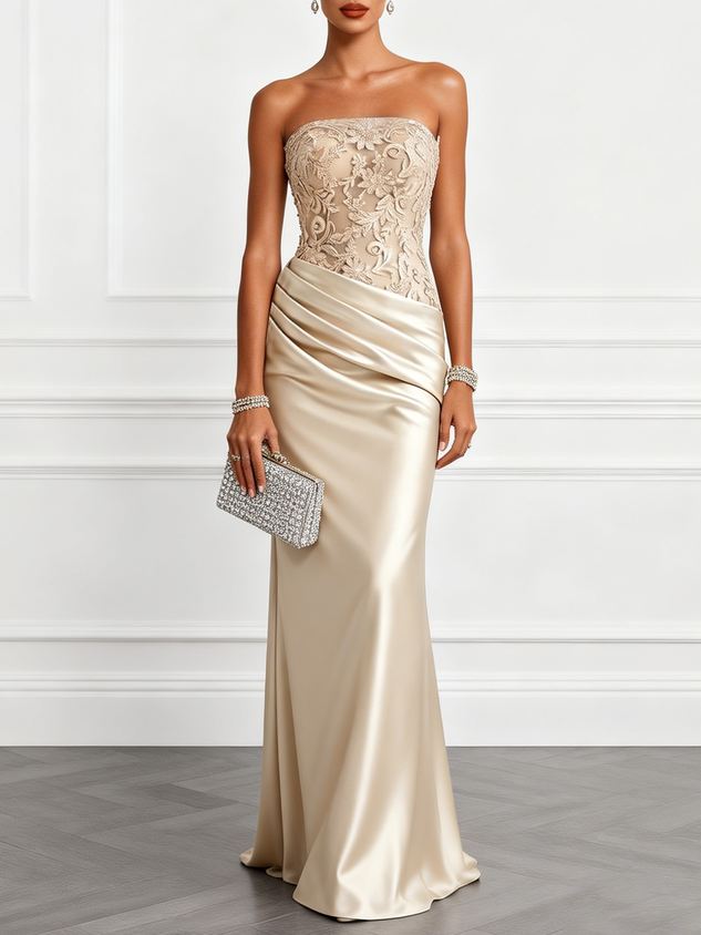 Champagne Jacquard Satin Strapless Sleeveless Mermaid Gown