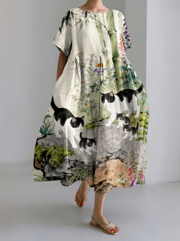 Japanese Flower & Cat Art Print Short Sleeve Midi Dress