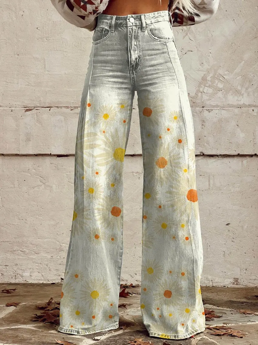 White Daisy Print Casual Wide-Leg Pants