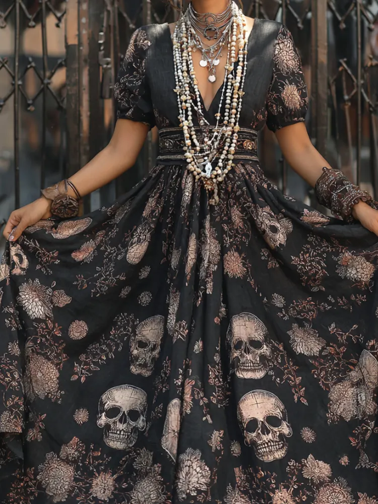 Mexican Day Of The Dead Skull Embroidery Short-sleeved Patchwork Long Evening Dress