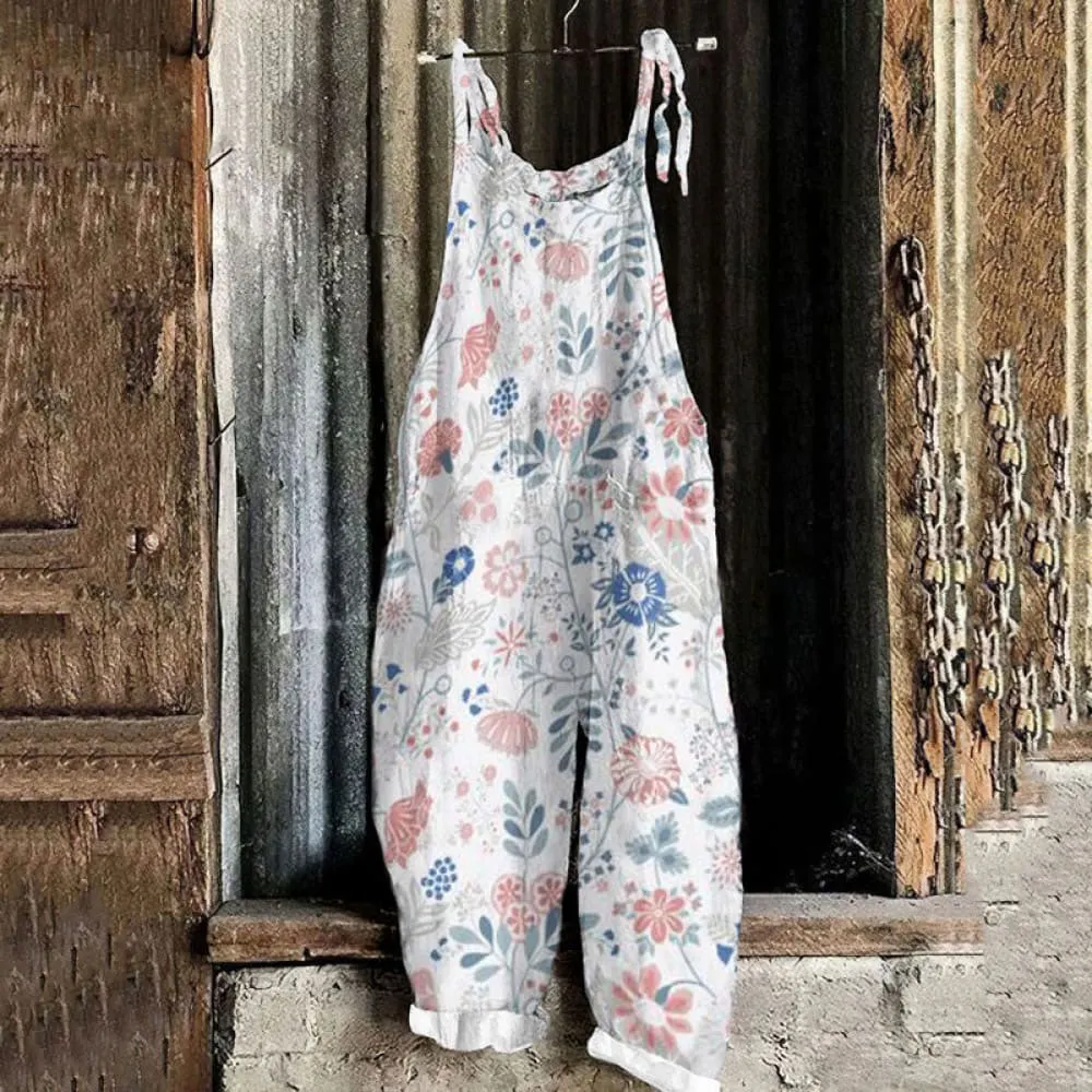 Pastoral Floral Art Print Cotton Linen Casual Jumpsuit