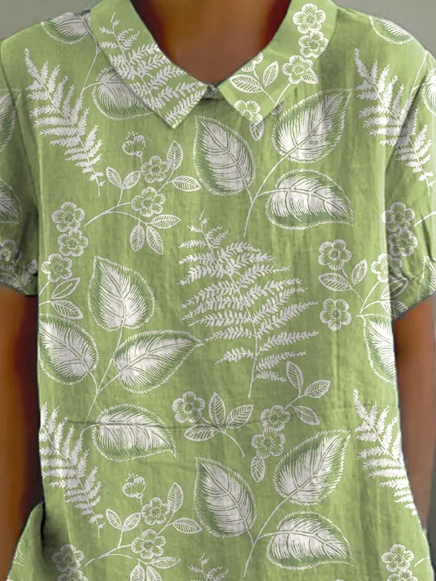 Green Spring Meadows Pattern Printed Women's Casual Cotton & Linen Shirt