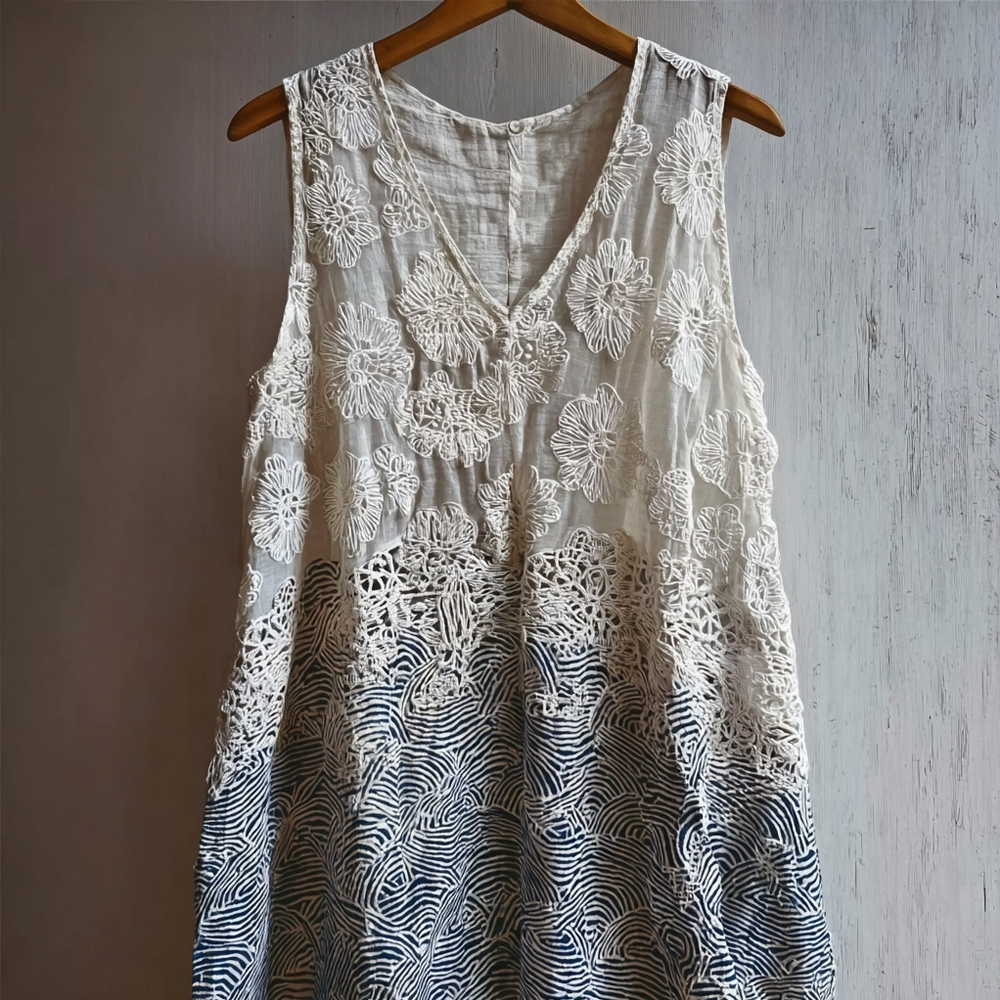 Japanese Waves Patchwork Hollow Floral Lace Tank Top