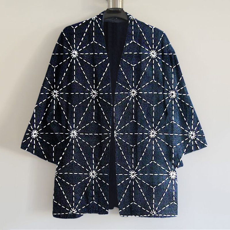Vintage Japanese Traditional Sashiko Art Print Blend Kimono Cardigan