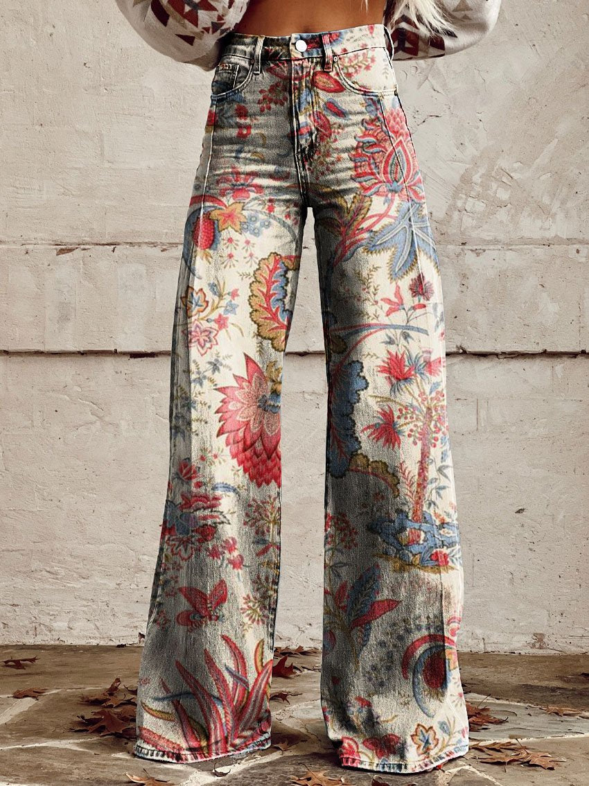 Vintage Print Casual Wide-Leg Pants