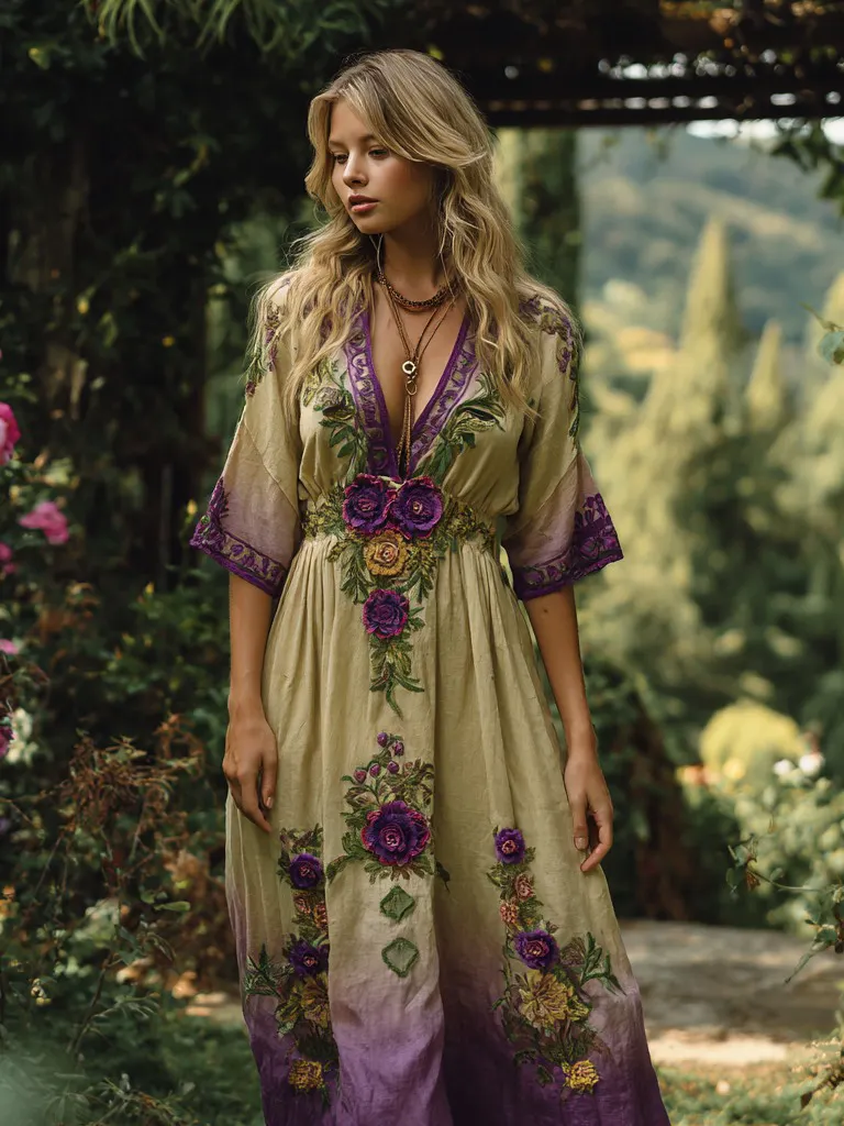 Vintage Gradient Purple Floral Embroidered V Neck Blend Maxi Dress