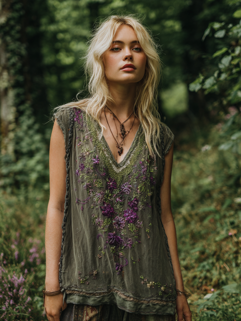 Vintage Purple Floral Embroidered V-neck Vest