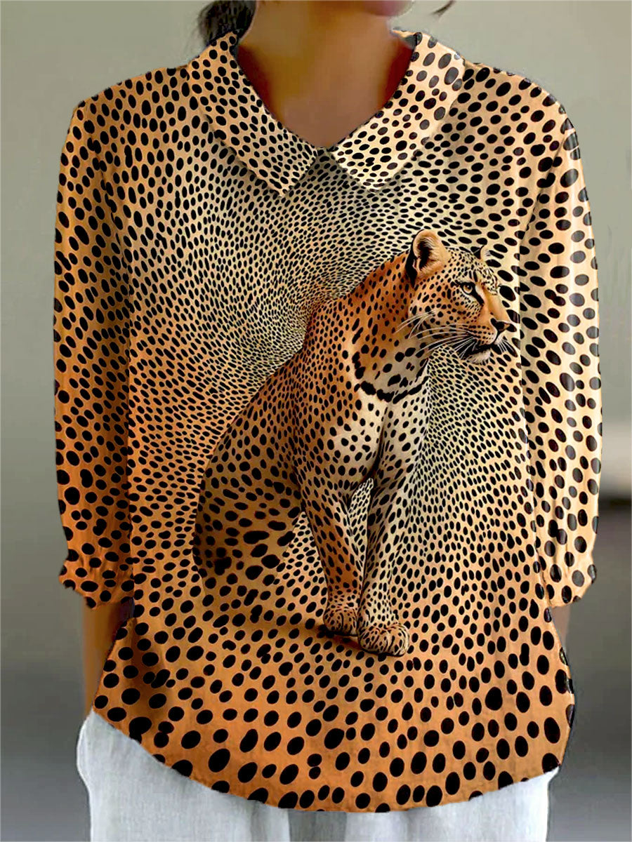 Vintage Leopard Print Art Print Casual Cotton & Linen 3/4 Sleeve Shirt