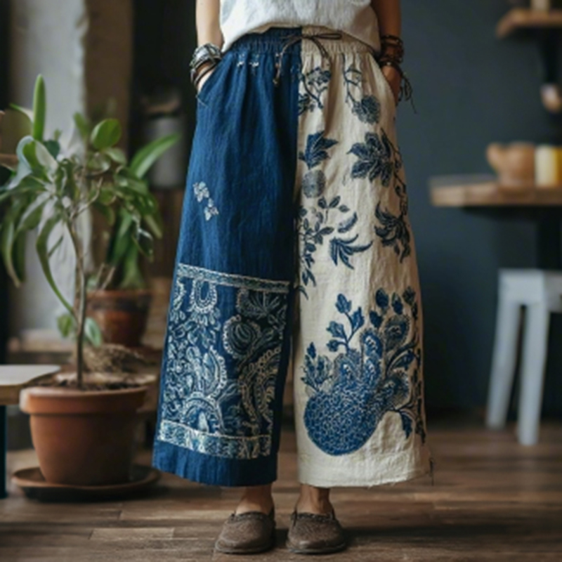 Japanese Floral Art Patchwork Casual Pants