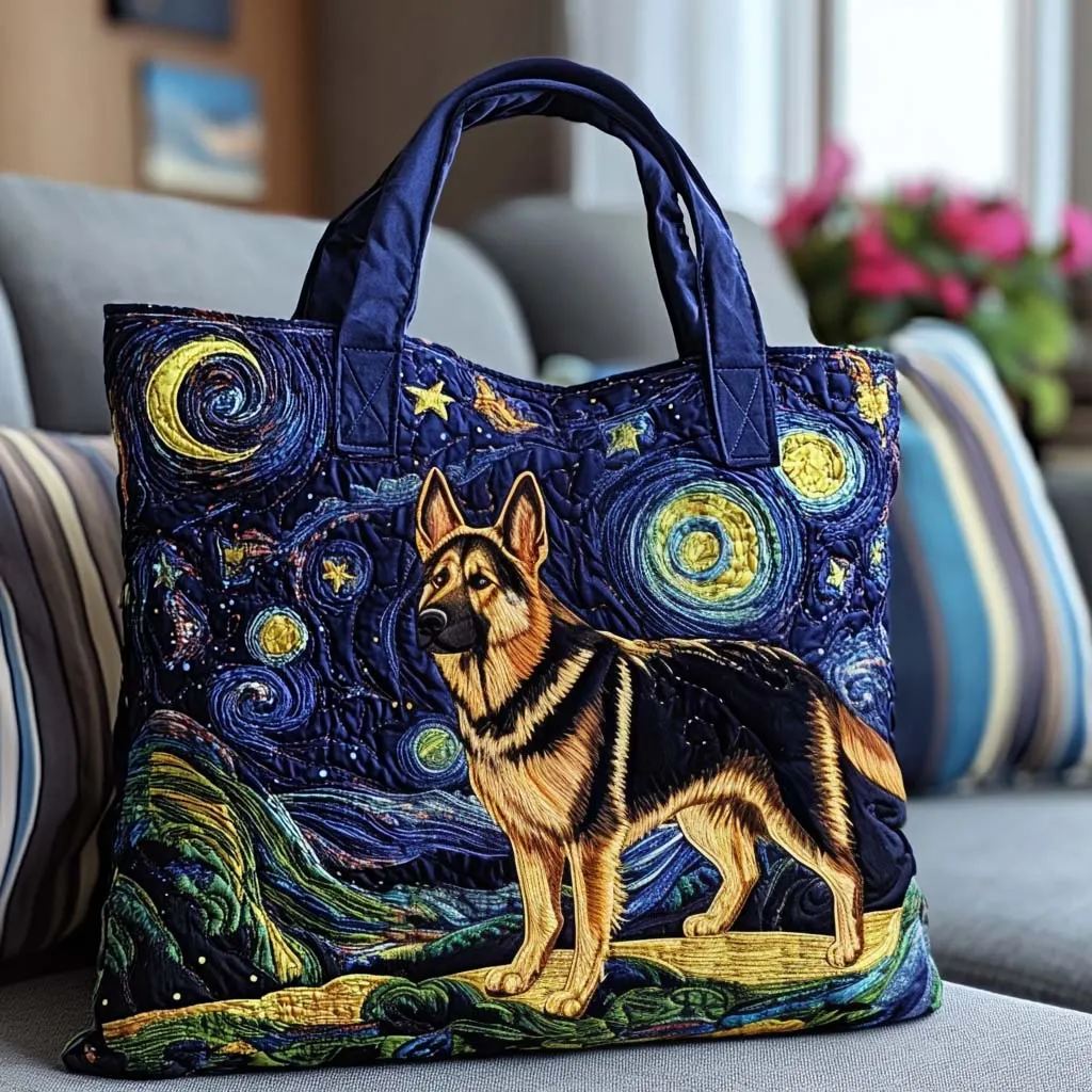 Starry Night Dog Quilted Tote Bag