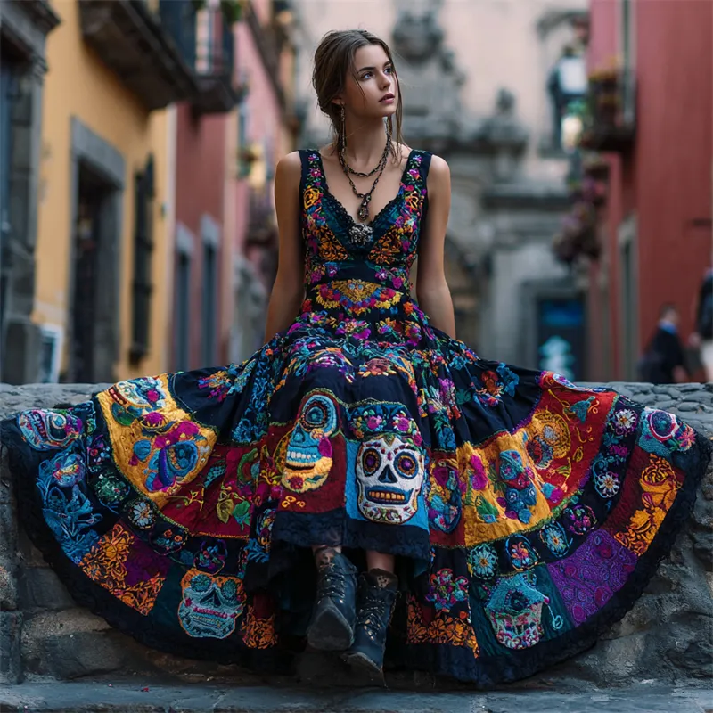 Day Of The Dead Sugar Skulls Floral Embroidered Patchwork Linen Maxi Evening Dress