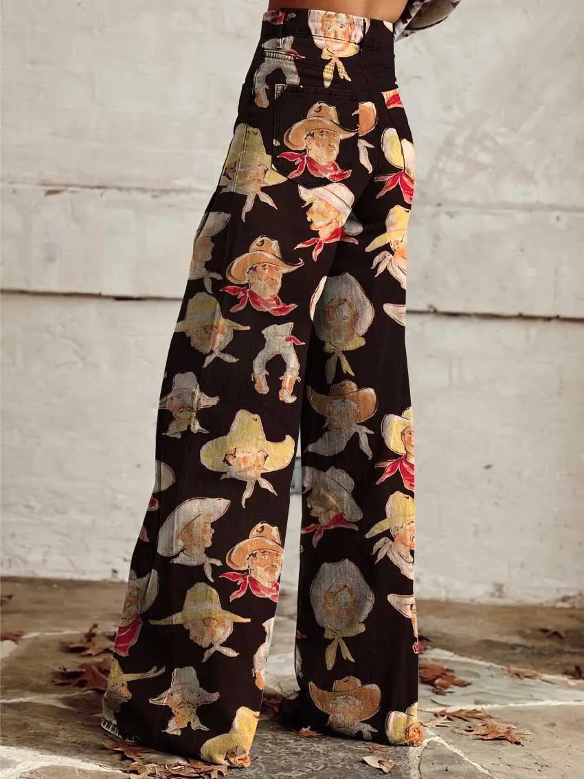 Cowboy Race Print Casual Wide-Leg Pants