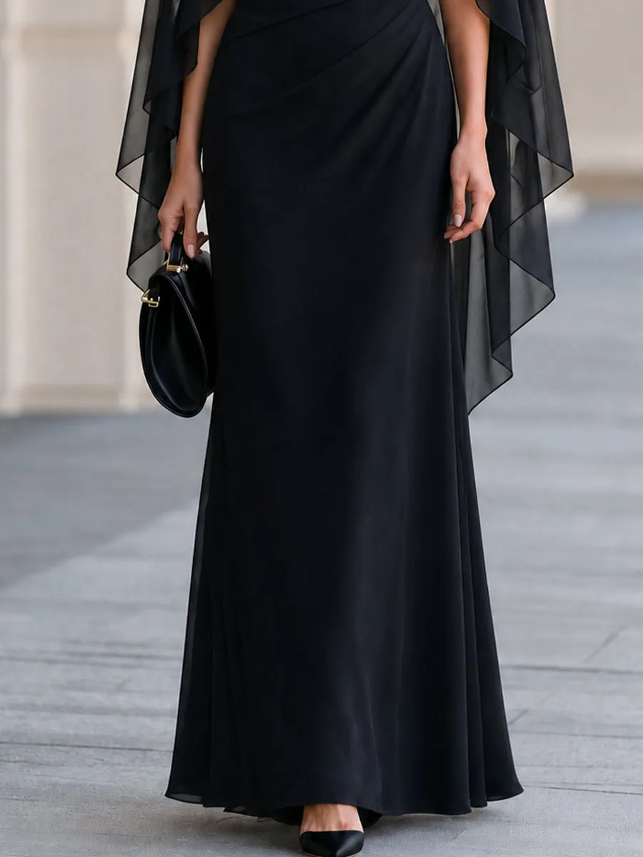 Black Boat Neck Draped Chiffon Cape Sleeve Maxi Dress