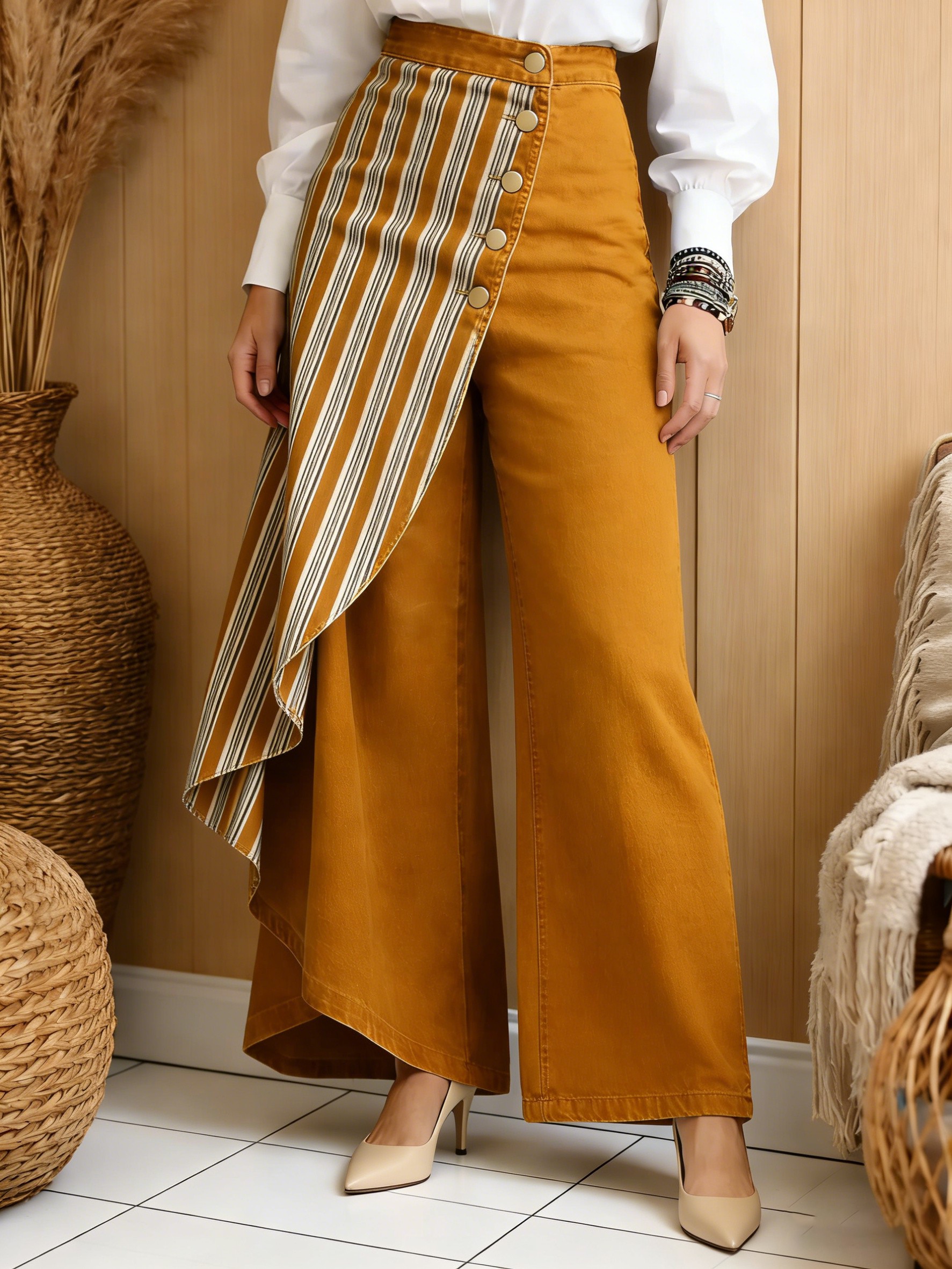 Art Print Casual Washed Denim Cotton Pants