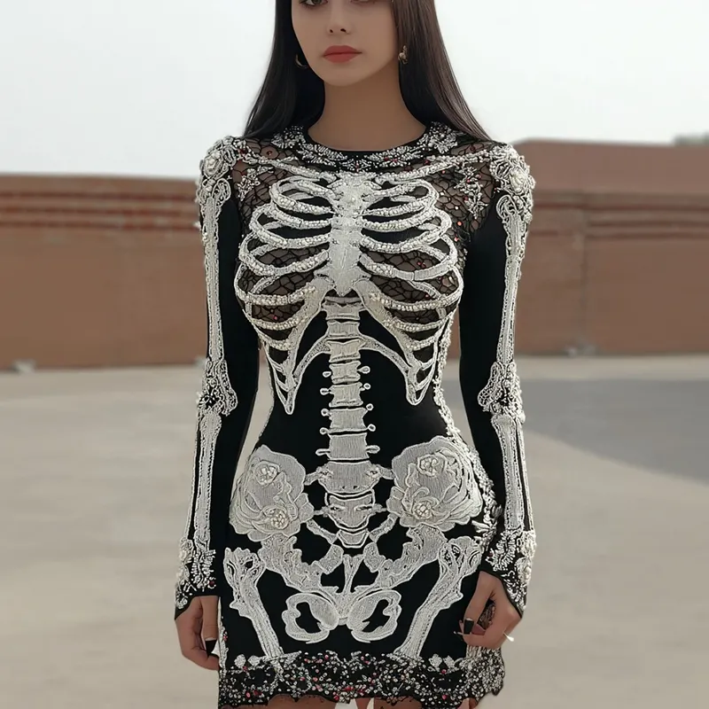 Women's Vintage Halloween Skull Pattern Cozy Knit Mini Sweater Dress
