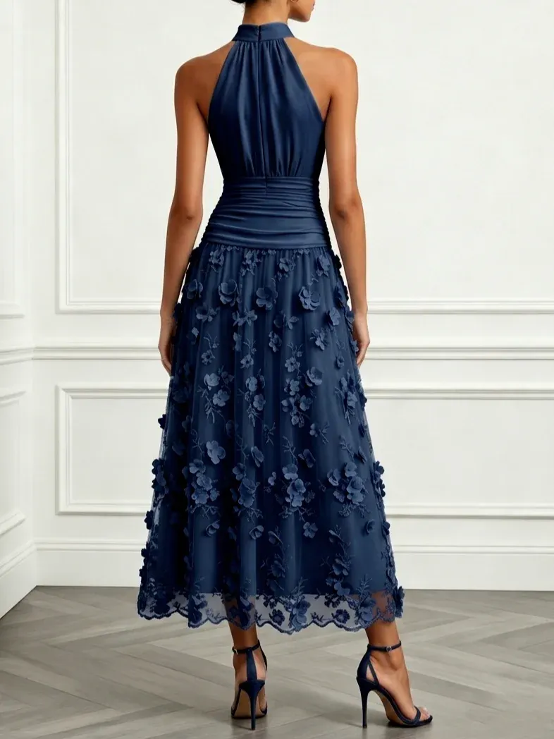 Purplish Blue 3D Floral Classic Halter Neck Sleeveless A-Line Maxi Dress