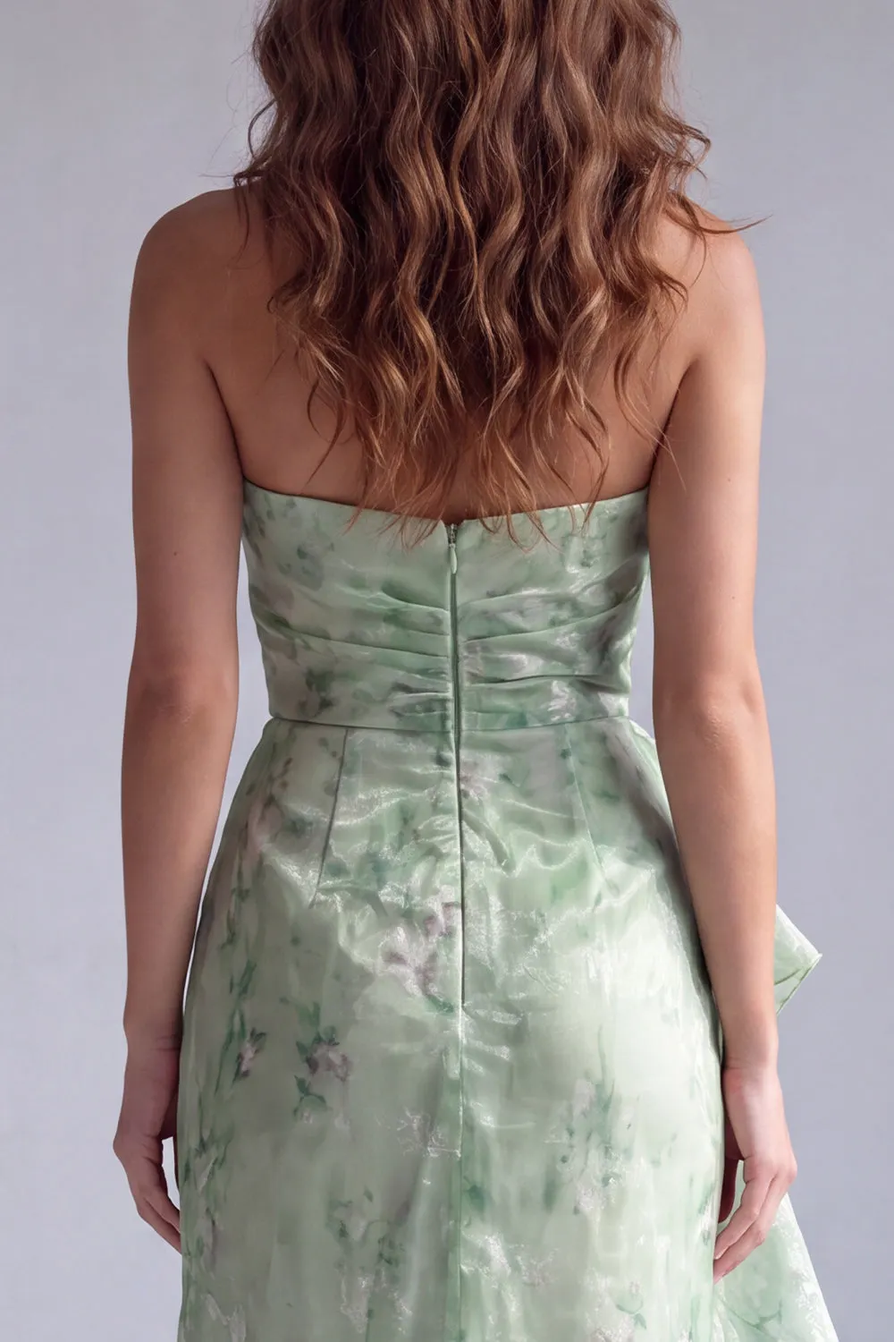 Light Green Strapless Floral Floor Length Gown