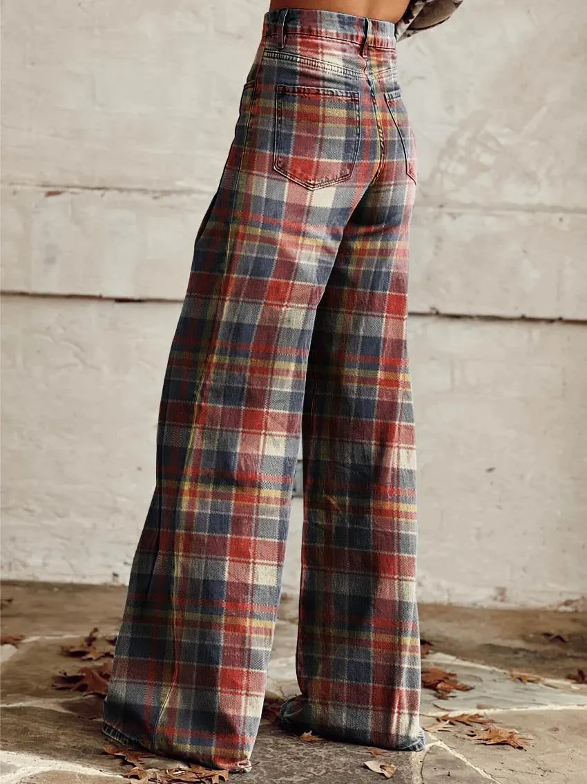 Red & Blue Plaid Print Casual Wide-Leg Pants