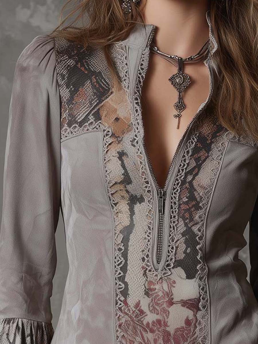 Vintage Patchwork Eco-Suede Blouse With Lace & Floral Prints