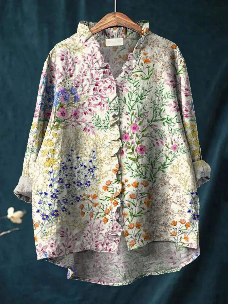 Lovely Floral Art Print Casual Cotton & Linen Ruffle Shirt