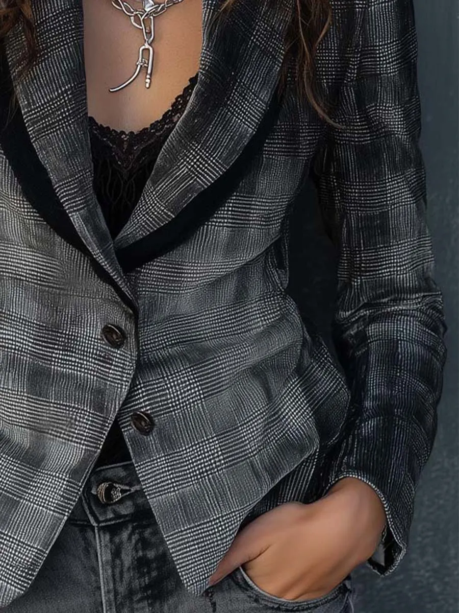 Vintage Velvet Printed Plaid Blazer Jacket