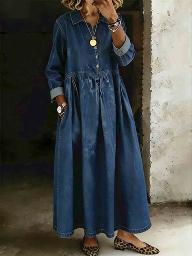 Long-Sleeve Collared Button-front Pockets Denim Dress