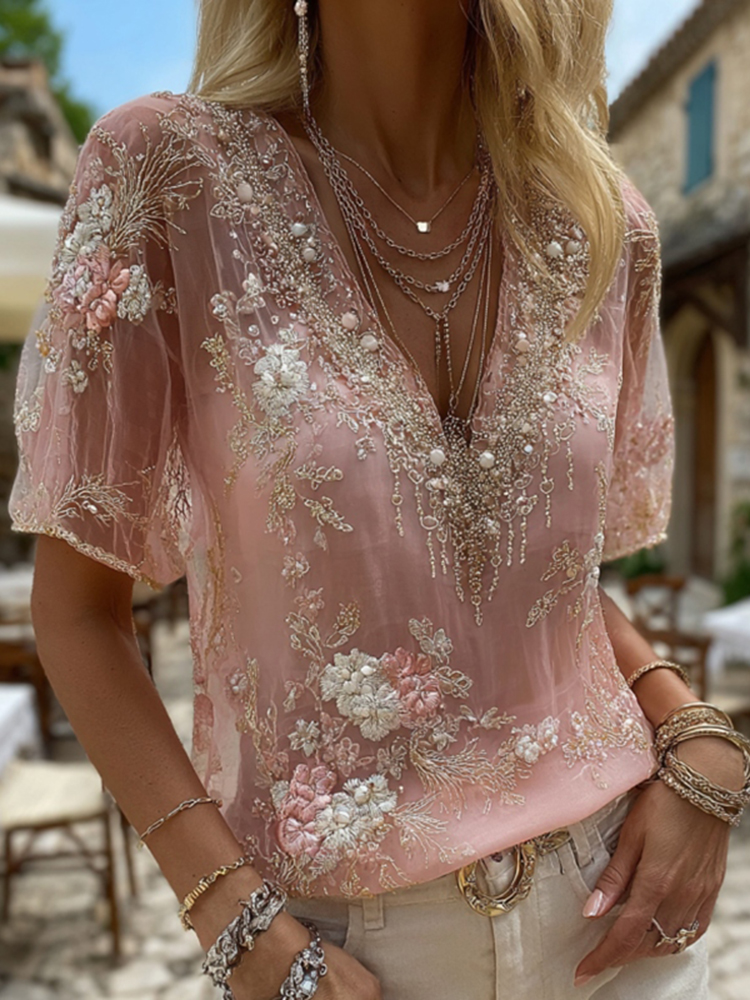Women's Vintage Floral Art Print V-neck Short Sleeve T-shirt
