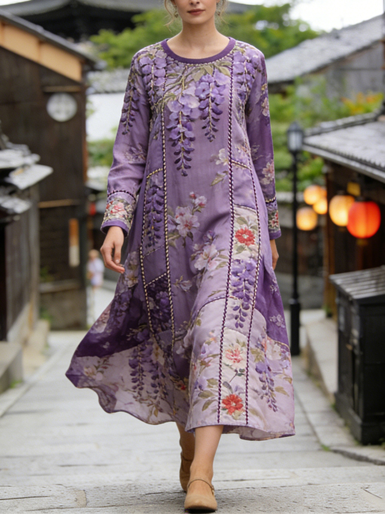 Japanese Wisteria Flower Patchwork Pattern Women's Linen Long Sleeve Maxi Dress