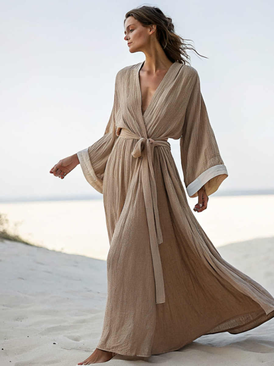 Linen V-neck Casual Kimono Robe (with belt)