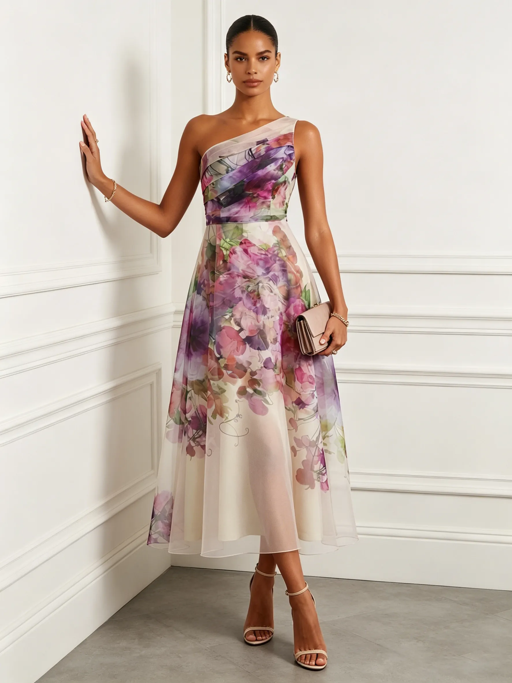 Purple Floral Ruched Tulle One-Shoulder Sleeveless A-Line Midi Dress
