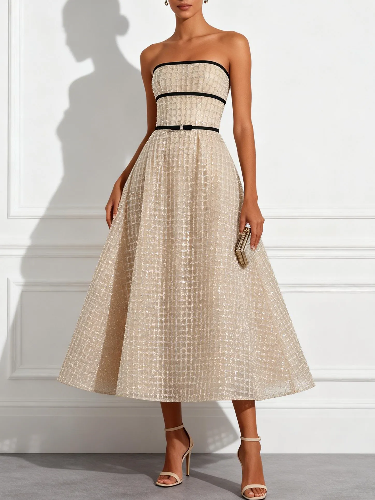 Champagne Glitter Strapless Sleeveless A-Line Midi Dress