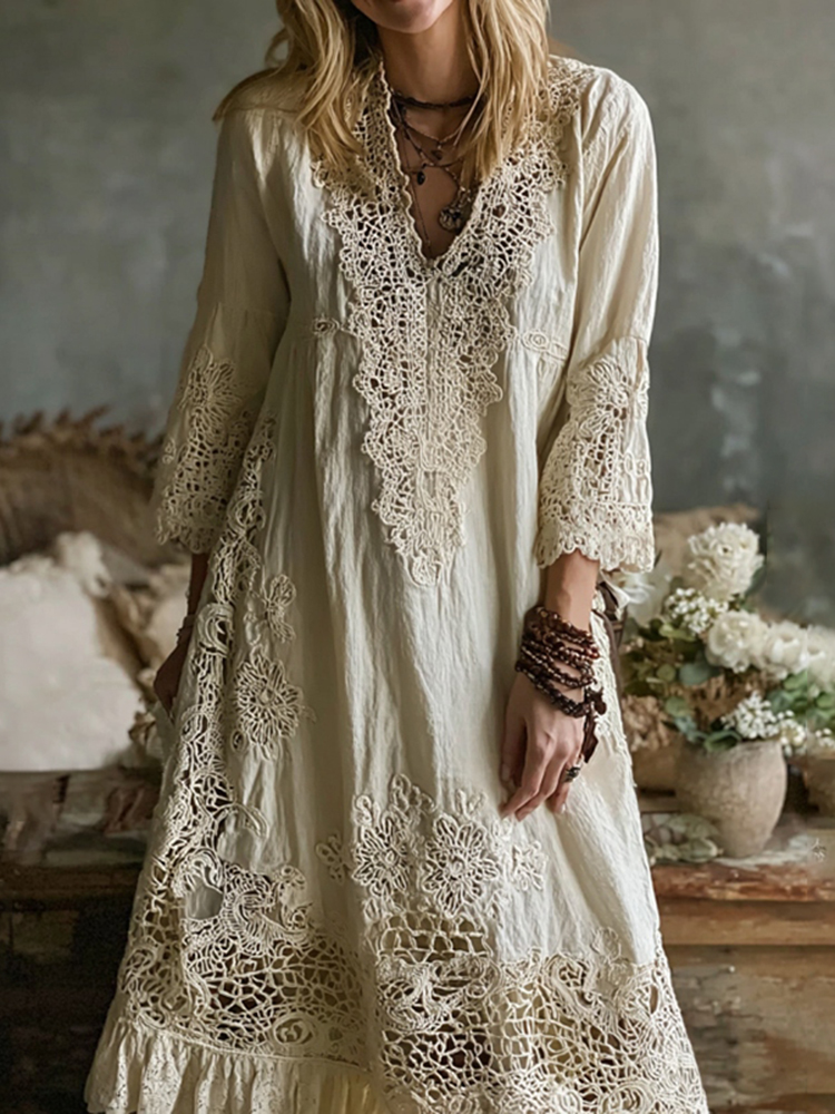 Women's Vintage Lace Floral Art Flowy Maxi Dress