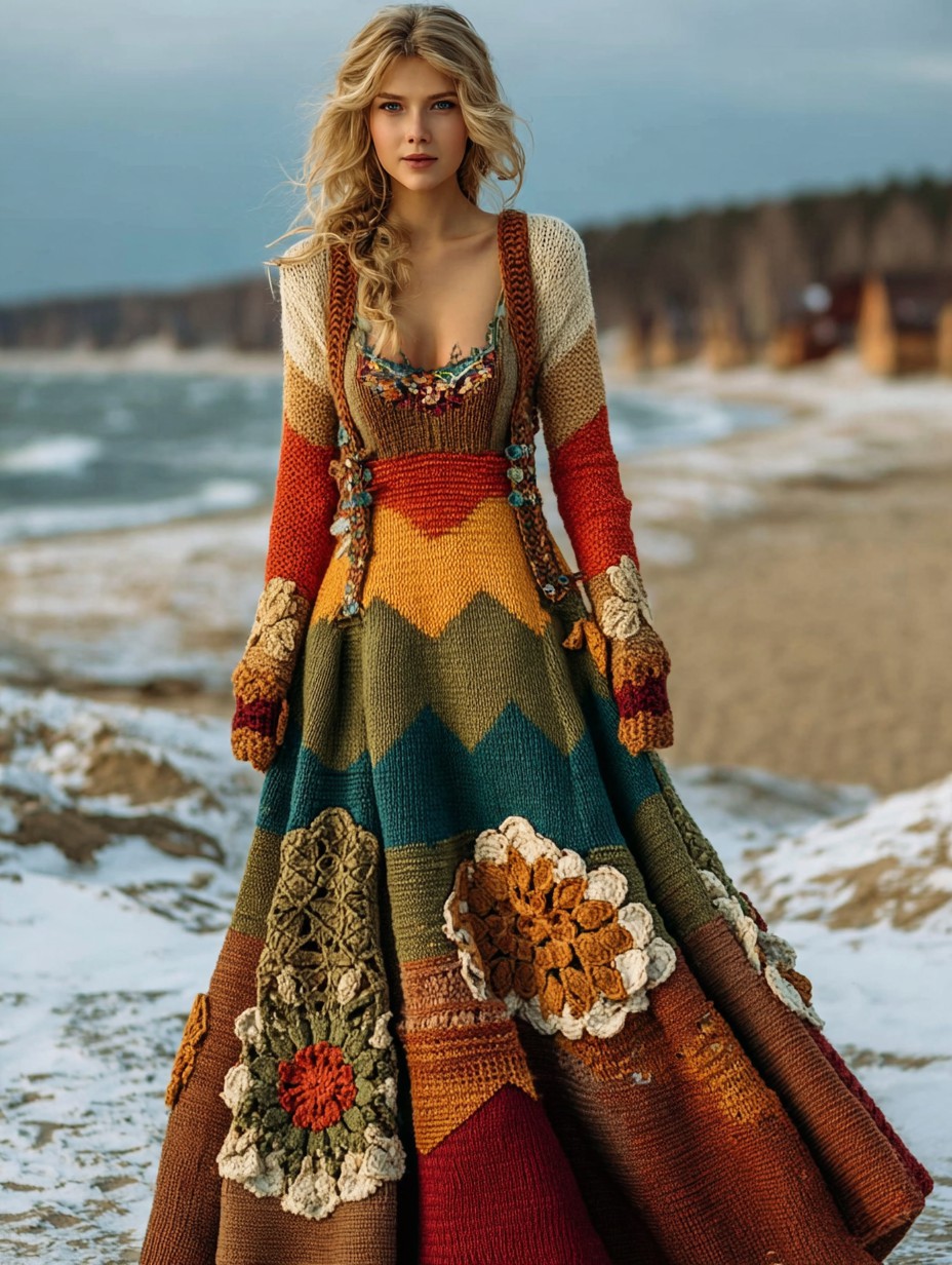 Vintage Floral Crochet Colorblock Cozy Maxi Sweater Dress