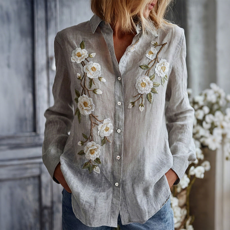 Vintage Embroidered Floral Linen Women's Long Sleeve Shirt